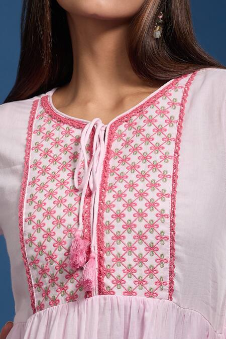 Buy_Naintara Bajaj_Pink Cotton, Voile Embroidery Round Neck Mulmul Dress 