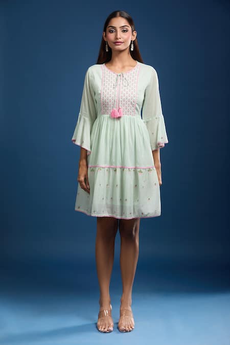 Buy Naintara Bajaj Green Cotton, Voile Embroidery Round Neck Pista Mulmul Dress Online at Aza Fashions Buy_Naintara Bajaj_Green Cotton, Voile Embroidery Round Neck Pista Mulmul Dress _Online_at_Aza_Fashions