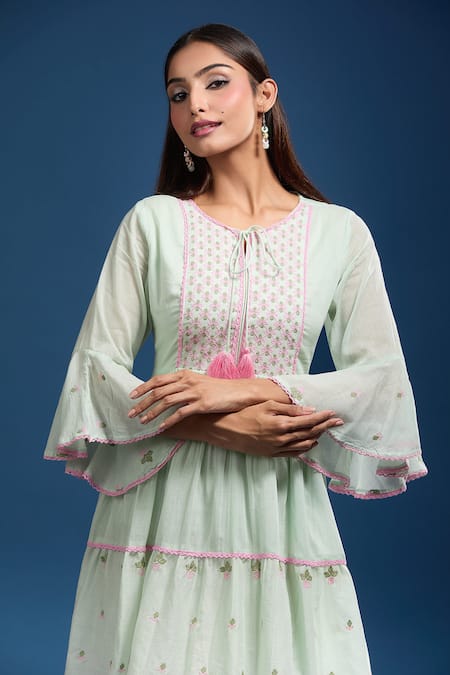 Shop Naintara Bajaj Green Cotton, Voile Embroidery Round Neck Pista Mulmul Dress Online at Aza Fashions Shop_Naintara Bajaj_Green Cotton, Voile Embroidery Round Neck Pista Mulmul Dress _Online_at_Aza_Fashions