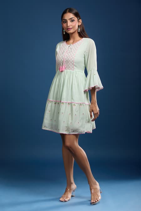 Naintara Bajaj Green Cotton, Voile Embroidery Round Neck Pista Mulmul Dress at Aza Fashions Naintara Bajaj_Green Cotton, Voile Embroidery Round Neck Pista Mulmul Dress _at_Aza_Fashions