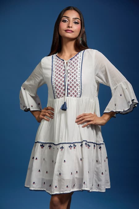 Buy_Naintara Bajaj_White Cotton Embroidery Round Neck Mulmul Dress _Online_at_Aza_Fashions