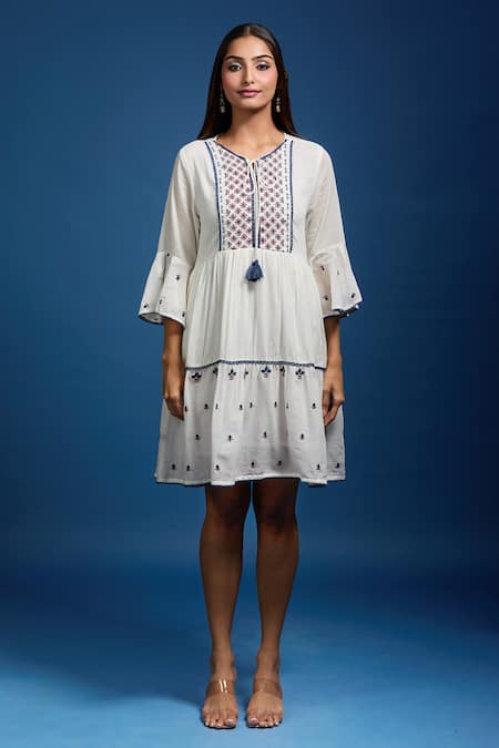 Shop_Naintara Bajaj_White Cotton Embroidery Round Neck Mulmul Dress _Online_at_Aza_Fashions