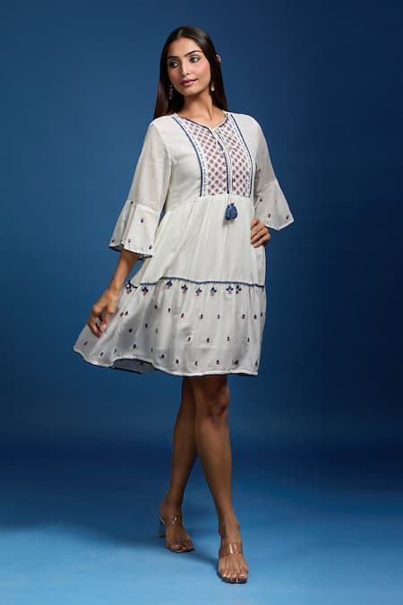 Naintara Bajaj_White Cotton Embroidery Round Neck Mulmul Dress _at_Aza_Fashions