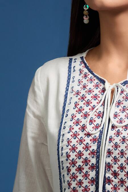 Buy_Naintara Bajaj_White Cotton Embroidery Round Neck Mulmul Dress 