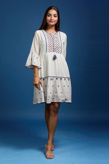 Samyukta Singhania White Cotton Mulmul Embroidered Dress 