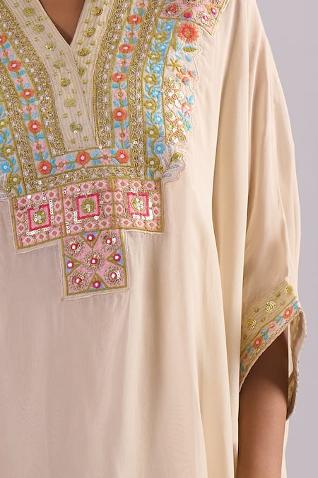 Buy_Samyukta Singhania_Beige Organza, Shantoon Embroidery V-, Round Kaftan Set _Online_at_Aza_Fashions