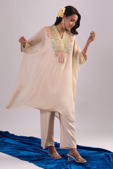 Samyukta Singhania Beige Embroidered Kaftan Set 