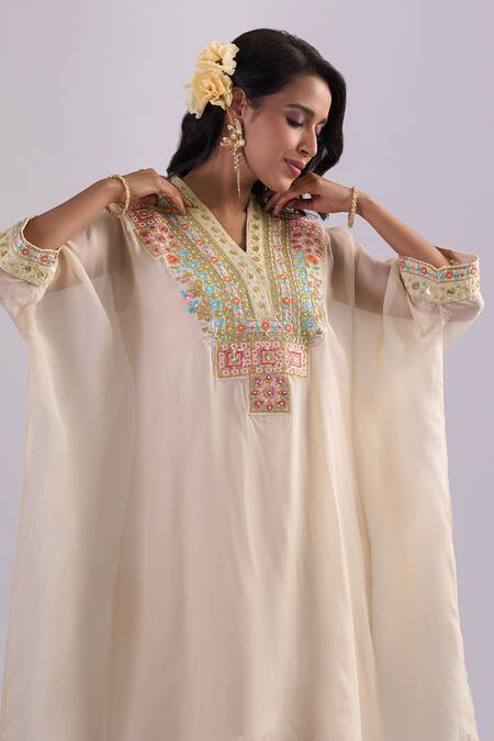 Samyukta Singhania_Beige Organza, Shantoon Embroidery V-, Round Kaftan Set _at_Aza_Fashions