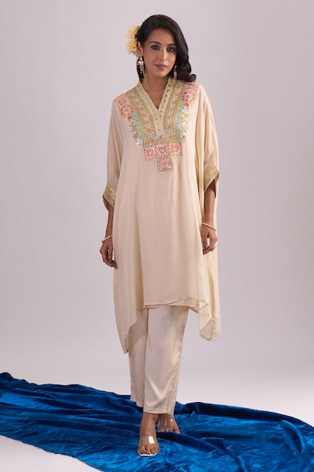 Shop_Samyukta Singhania_Beige Organza, Shantoon Embroidery V-, Round Kaftan Set 