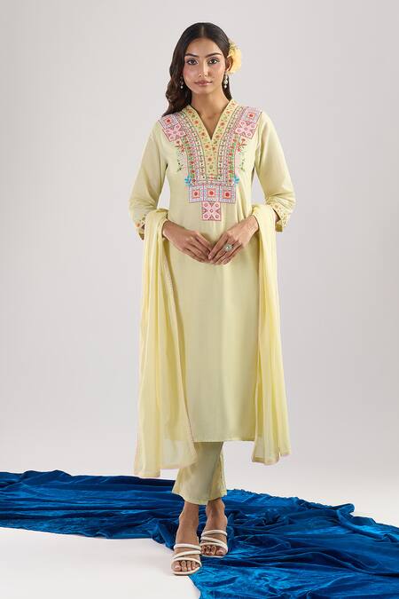 Shop_Samyukta Singhania_Yellow Cotton Embroidery Split V-neck Kurta Set _Online_at_Aza_Fashions