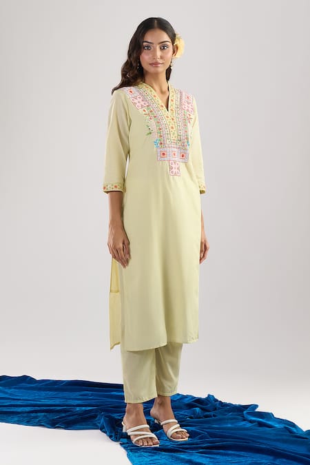 Shop_Samyukta Singhania_Yellow Cotton Embroidery Split V-neck Kurta Set 