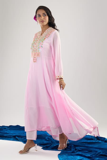 Buy_Samyukta Singhania_Pink Cotton Embroidery V-neck Anarkali Set _Online_at_Aza_Fashions
