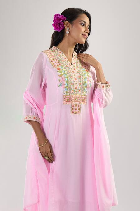 Shop_Samyukta Singhania_Pink Cotton Embroidery V-neck Anarkali Set 