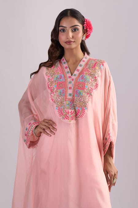 Samyukta Singhania_Peach Organza, Silk, Shantoon Embroidery Split , Kaftan Set_Online_at_Aza_Fashions
