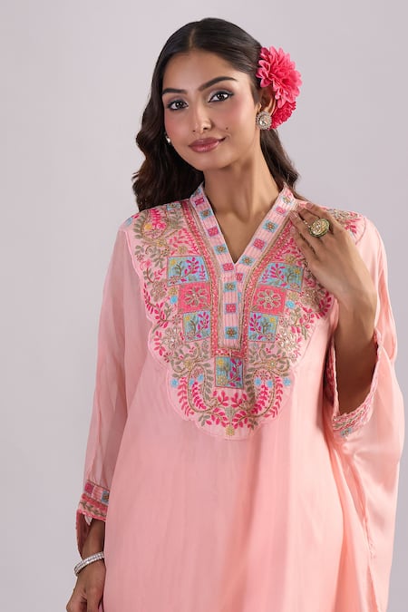 Buy_Samyukta Singhania_Peach Organza, Silk, Shantoon Embroidery Split , Kaftan Set_Online_at_Aza_Fashions