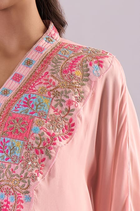 Samyukta Singhania_Peach Organza, Silk, Shantoon Embroidery Split , Kaftan Set_at_Aza_Fashions