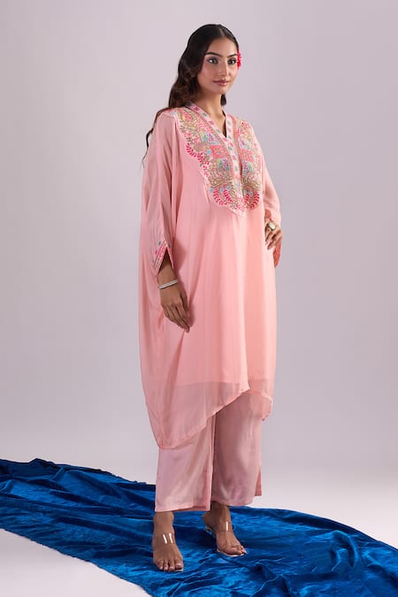 Shop_Samyukta Singhania_Peach Organza, Silk, Shantoon Embroidery Split , Kaftan Set