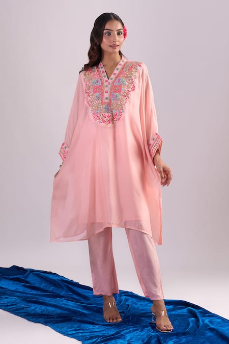 Samyukta Singhania Peach Embroidered Kaftan Set 