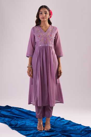 Shop Samyukta Singhania Mauve Cotton Embroidery Round Neck Anarkali Set Online at Aza Fashions Shop_Samyukta Singhania_Mauve Cotton Embroidery Round Neck Anarkali Set_Online_at_Aza_Fashions