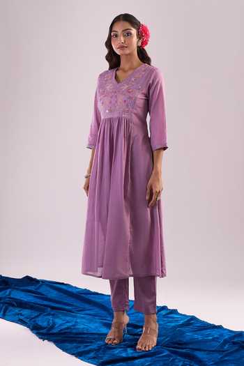 Samyukta Singhania Mauve Cotton Embroidery Round Neck Anarkali Set at Aza Fashions Samyukta Singhania_Mauve Cotton Embroidery Round Neck Anarkali Set_at_Aza_Fashions