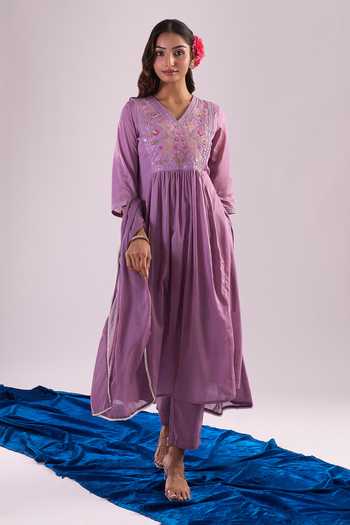 Buy Samyukta Singhania Mauve Cotton Embroidery Round Neck Anarkali Set Buy_Samyukta Singhania_Mauve Cotton Embroidery Round Neck Anarkali Set