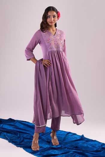 Shop Samyukta Singhania Mauve Cotton Embroidery Round Neck Anarkali Set Shop_Samyukta Singhania_Mauve Cotton Embroidery Round Neck Anarkali Set