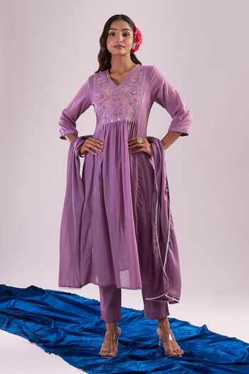 Buy Samyukta Singhania Mauve Cotton Embroidery Round Neck Anarkali Set at Aza Fashions Buy_Samyukta Singhania_Mauve Cotton Embroidery Round Neck Anarkali Set_at_Aza_Fashions
