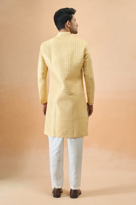 Arihant Rai Sinha Yellow Jacquard Sherwani & White Pant 