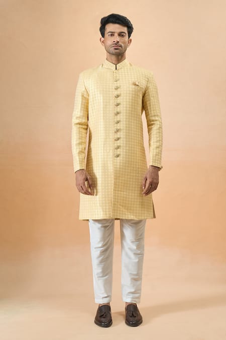 Arihant Rai Sinha_Yellow Jacquard, Silk Sherwani And White Pant _at_Aza_Fashions