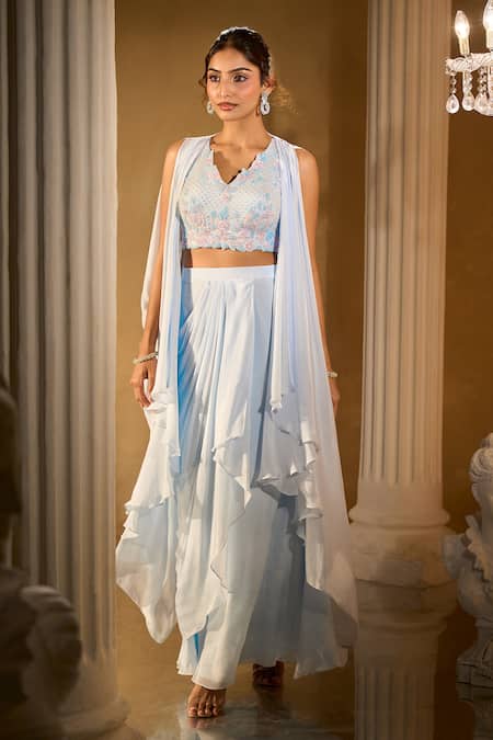 Buy_Aariyana Couture_Blue Georgette Embroidery V-, Open Powder Blouse And Skirt Set _Online_at_Aza_Fashions