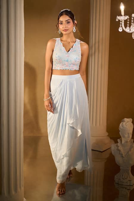 Shop_Aariyana Couture_Blue Georgette Embroidery V-, Open Powder Blouse And Skirt Set _Online_at_Aza_Fashions