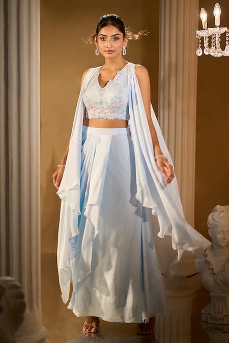 Aariyana Couture Powder Blue Embroidered Blouse & Skirt Set 