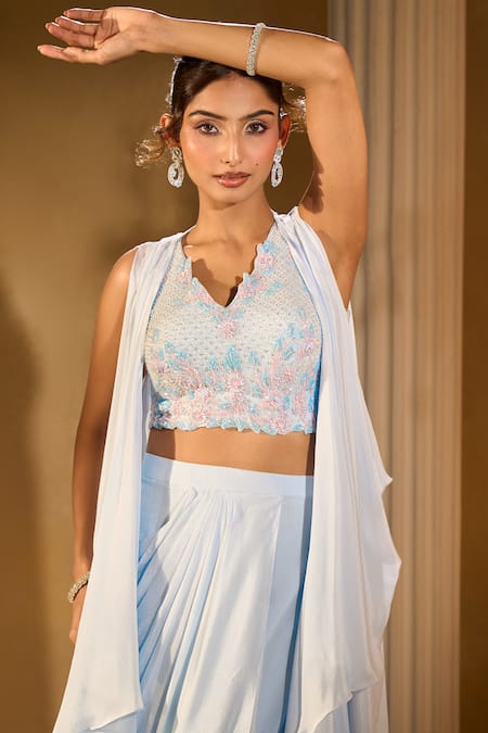 Aariyana Couture_Blue Georgette Embroidery V-, Open Powder Blouse And Skirt Set _at_Aza_Fashions