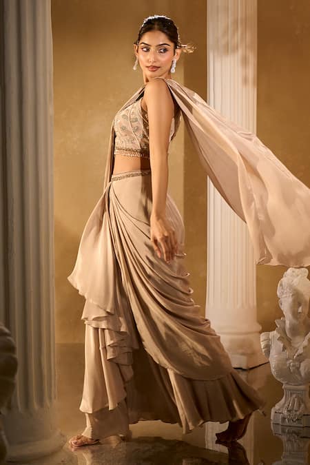 Shop_Aariyana Couture_Gold Crepe Embroidery, Beads, Sequins Round Pre-draped Saree Set With Blouse _Online_at_Aza_Fashions