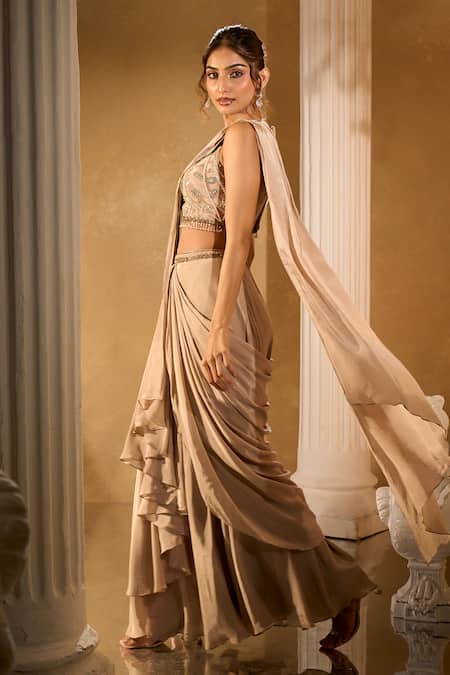 Aariyana Couture_Gold Crepe Embroidery, Beads, Sequins Round Pre-draped Saree Set With Blouse _at_Aza_Fashions