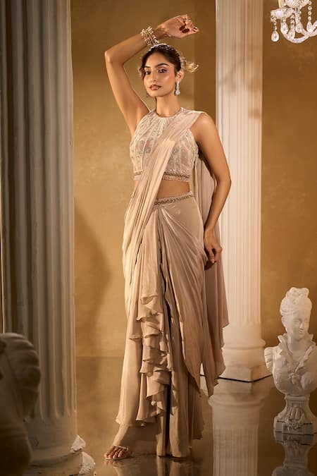 Aariyana Couture Gold Pre-Draped Saree Set with Blouse 