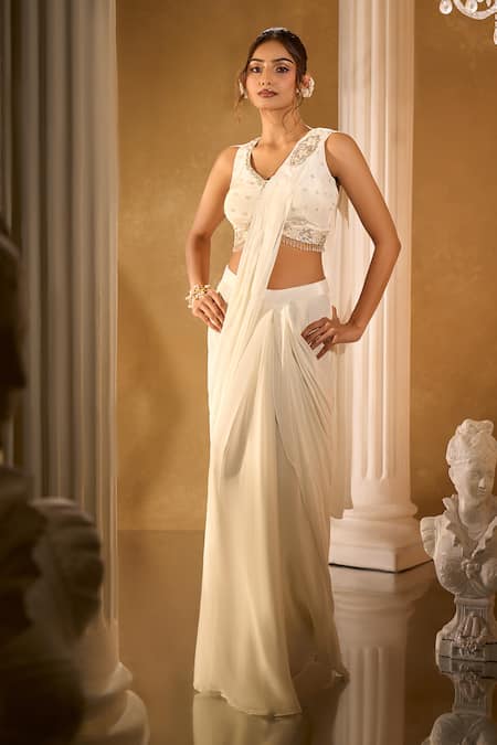 Aariyana Couture White Crepe Pre-Draped Saree Set 