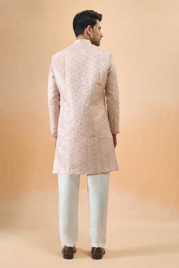Shop Arihant Rai Sinha Pink Jacquard, Silk Sherwani And White Pant Set at Aza Fashions Shop_Arihant Rai Sinha_Pink Jacquard, Silk Sherwani And White Pant Set _at_Aza_Fashions