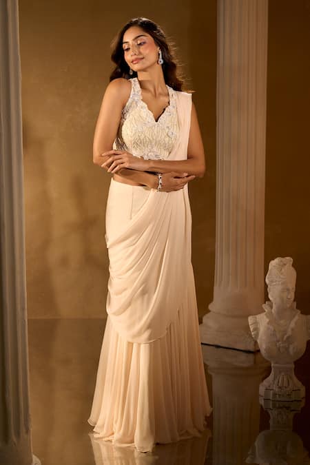 Buy Aariyana Couture Ivory Georgette Embroidery Scoop Neck Pre-draped Saree And Blouse Set Online at Aza Fashions Buy_Aariyana Couture_Ivory Georgette Embroidery Scoop Neck Pre-draped Saree And Blouse Set _Online_at_Aza_Fashions