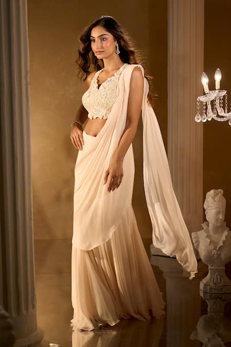 Shop Aariyana Couture Ivory Georgette Embroidery Scoop Neck Pre-draped Saree And Blouse Set Online at Aza Fashions Shop_Aariyana Couture_Ivory Georgette Embroidery Scoop Neck Pre-draped Saree And Blouse Set _Online_at_Aza_Fashions