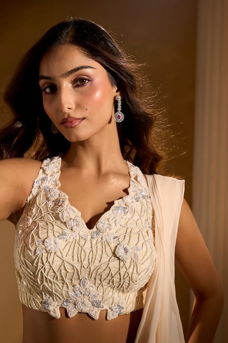 Aariyana Couture Ivory Georgette Embroidery Scoop Neck Pre-draped Saree And Blouse Set at Aza Fashions Aariyana Couture_Ivory Georgette Embroidery Scoop Neck Pre-draped Saree And Blouse Set _at_Aza_Fashions