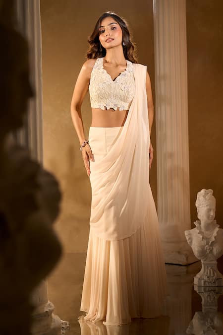 Buy Aariyana Couture Ivory Georgette Embroidery Scoop Neck Pre-draped Saree And Blouse Set Buy_Aariyana Couture_Ivory Georgette Embroidery Scoop Neck Pre-draped Saree And Blouse Set