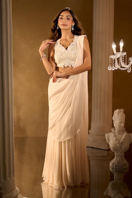 Shop Aariyana Couture Ivory Georgette Embroidery Scoop Neck Pre-draped Saree And Blouse Set Shop_Aariyana Couture_Ivory Georgette Embroidery Scoop Neck Pre-draped Saree And Blouse Set