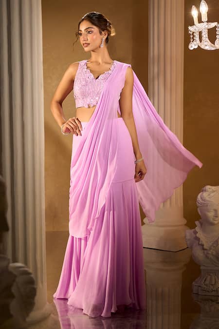 Aariyana Couture Lavender Georgette Sequins, Embroidery, Beads Pre-draped Saree And Blouse Set