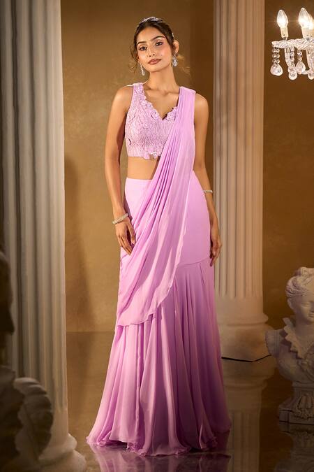 Shop Aariyana Couture Lavender Georgette Sequins, Embroidery, Beads Pre-draped Saree And Blouse Set Shop_Aariyana Couture_Lavender Georgette Sequins, Embroidery, Beads Pre-draped Saree And Blouse Set