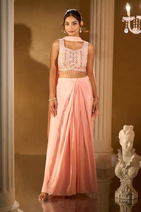 Buy_Aariyana Couture_Peach Crepe Embroidery, Beads Round Neck Blouse And Palazzo Set _Online_at_Aza_Fashions