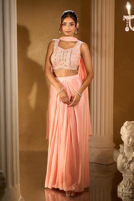 Shop_Aariyana Couture_Peach Crepe Embroidery, Beads Round Neck Blouse And Palazzo Set _Online_at_Aza_Fashions