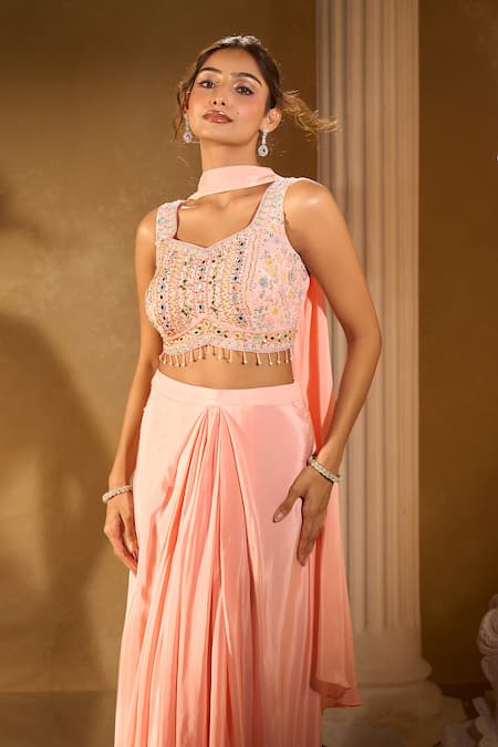 Buy_Aariyana Couture_Peach Crepe Embroidery, Beads Round Neck Blouse And Palazzo Set 