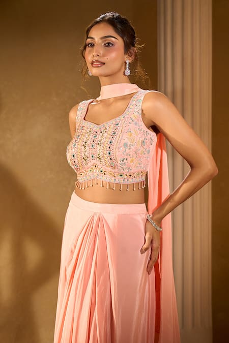 Shop_Aariyana Couture_Peach Crepe Embroidery, Beads Round Neck Blouse And Palazzo Set 