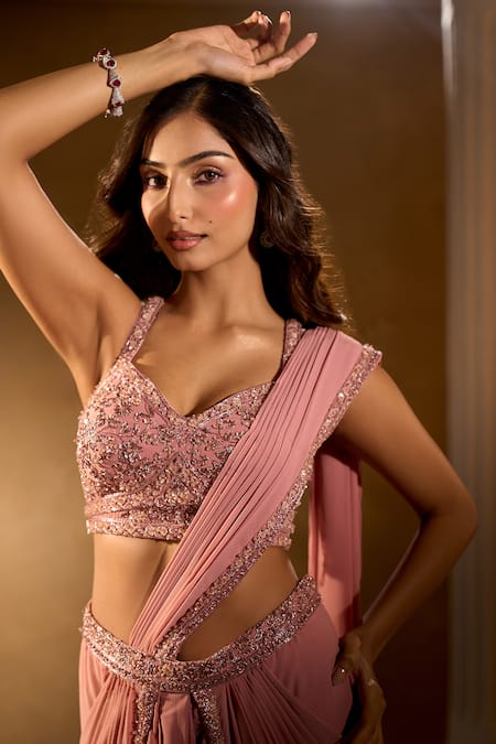 Buy_Aariyana Couture_Peach Georgette Sequins, Embroidery Embellished Pre-draped Saree With Blouse 